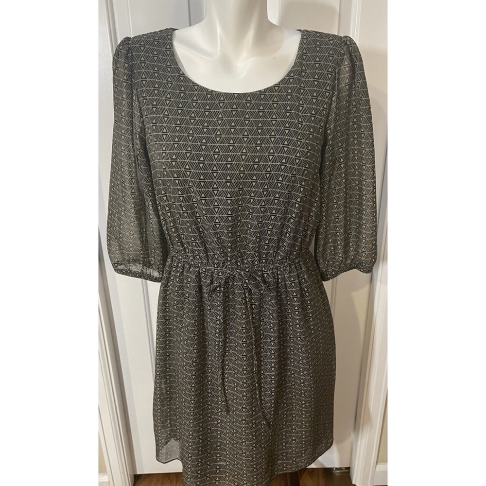 EnFocus Studio Lined Dress Womens Size 10 Geo Print 3/4 Sleeve Black Brown